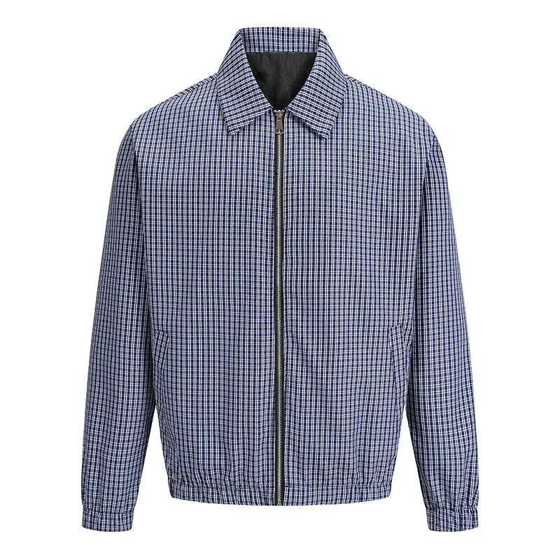 Men's blue and white gingham check Harrington jacket with lapel collar and full zip, casual vintage outerwear