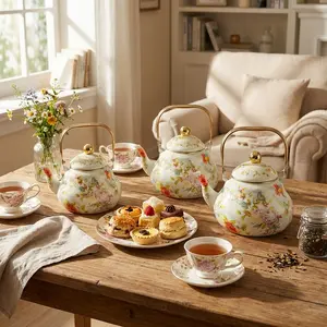 Vintage Floral Enamel Tea Pot, Thick Flat Bottom, Compatible with Induction Cooktops and Gas Stoves, Cute Home Kitchen Utensil, Kitchenware