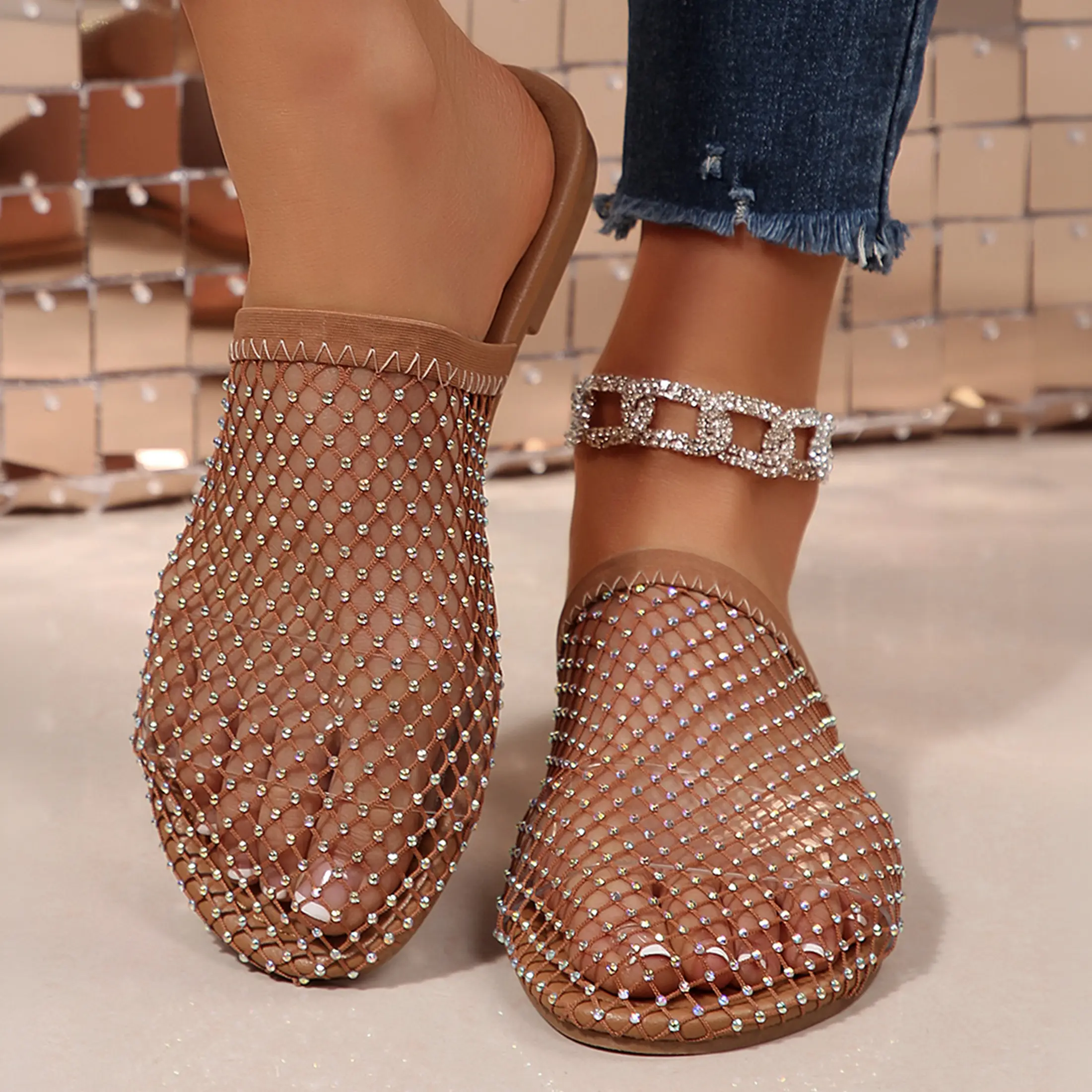 Women's Sparkling Rhinestone Mesh Slides Open Toe Flat Slippers Lightweight Summer Daily Shoes Springfresh