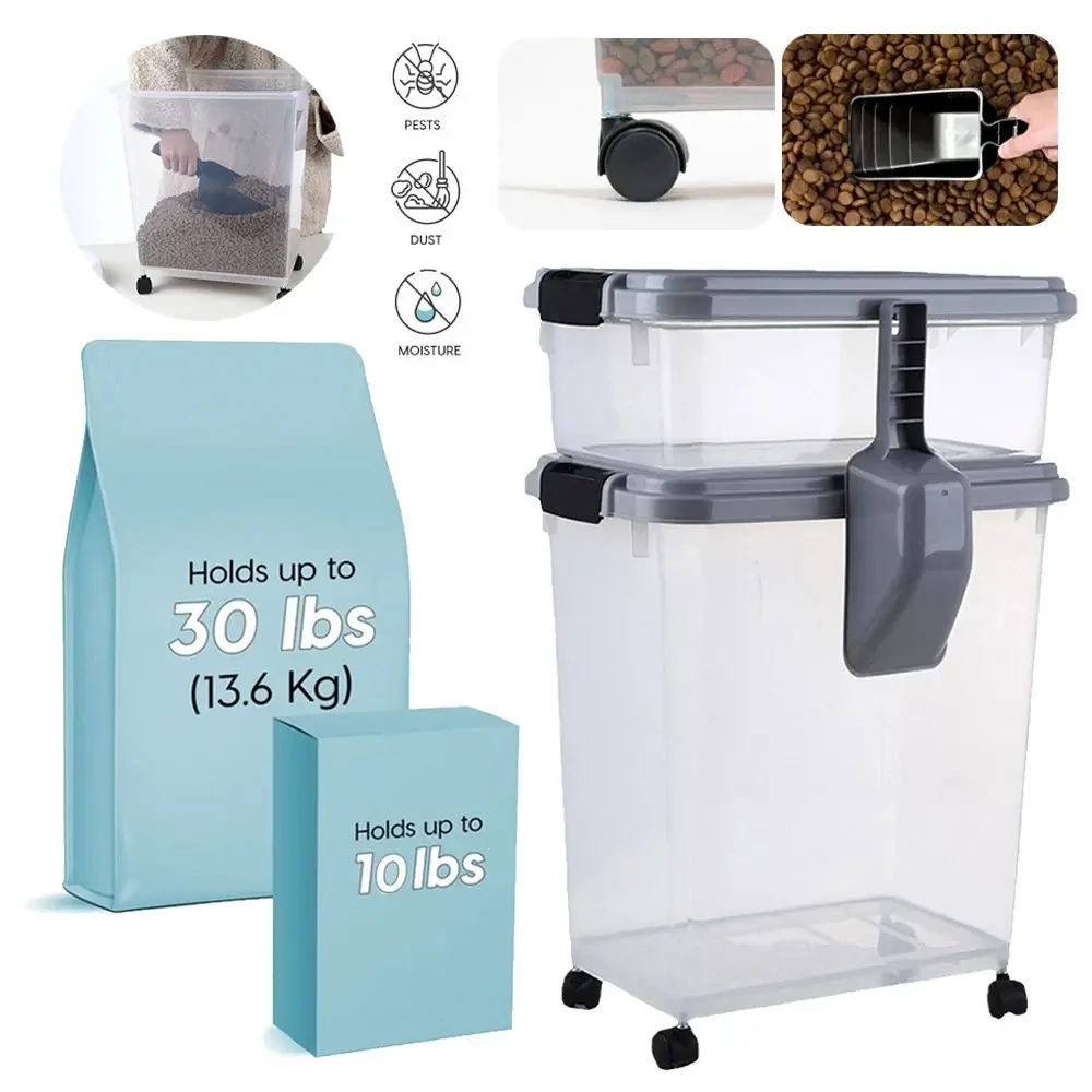 Airtight Stackable Pet Food Storage Bins - 2 Sizes (30 lbs, 10 lbs), Includes Treat Container & Wheels for Easy Movement, Pantry Organizer to Preserve Airtight Freshness for Dog & Cat Food, Stackable Bins