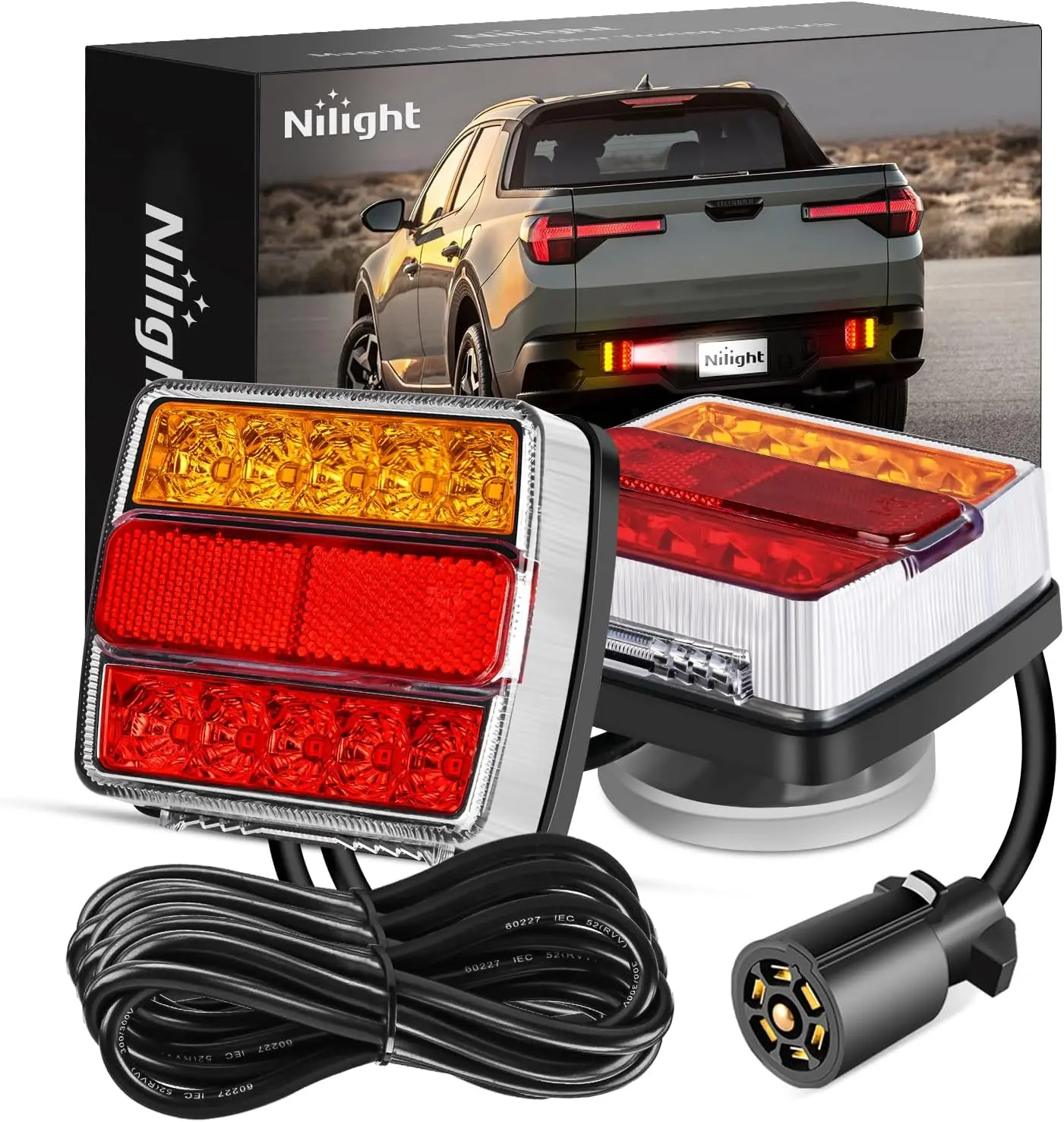 Nilight Magnetic LED Tailgate Light Bar Trailer Towing Kit, 24ft Cable with 7-Pin Plug, 12V 5-Wire Waterproof Fixtures (Tail, Stop, Amber Turn Signal, License Plate), RV Truck Aftermarket Automotive Accessories, Led Tailgate Lights, License Plate Light, L