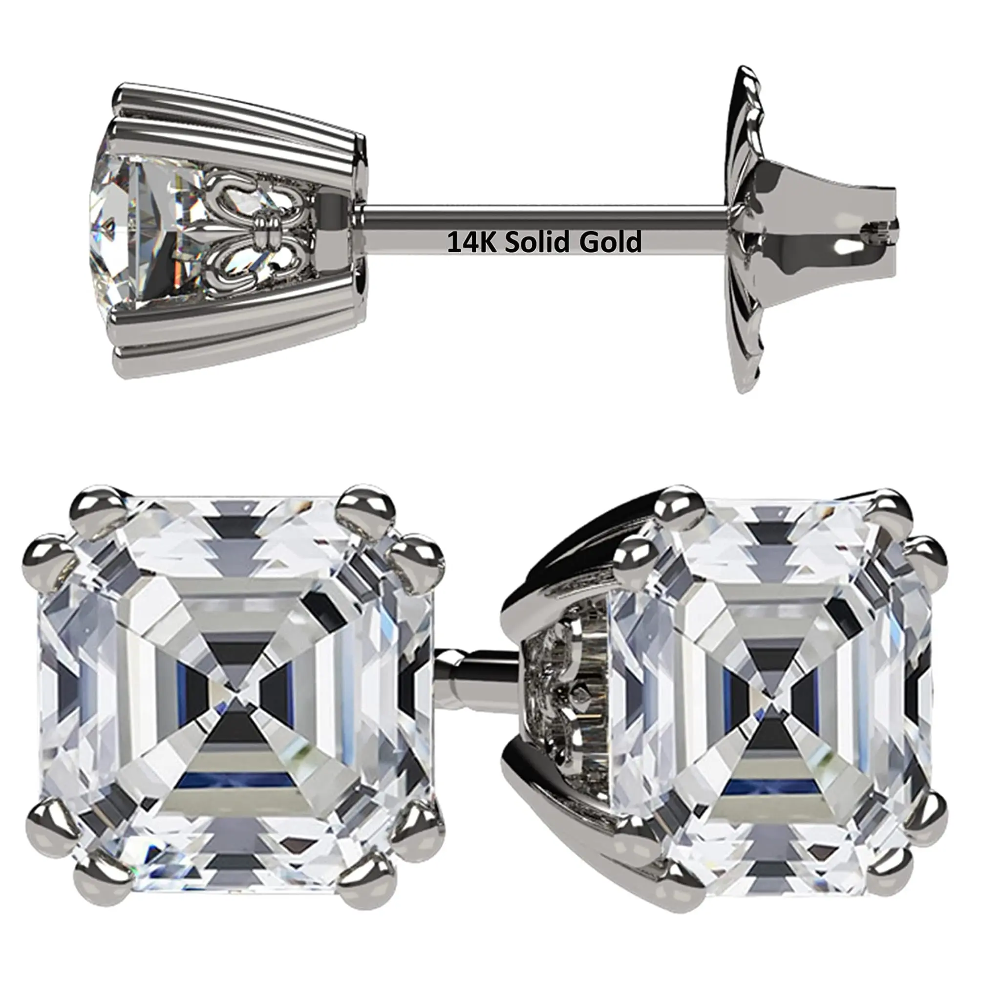 NANA Jewels Asscher Cut 14K Solid Gold Posts & Sterling Silver Simulated Diamond Stud Earrings 0.75 to 4.00ctw CZ