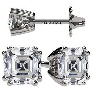 NANA Jewels Asscher Cut 14K Solid Gold Posts & Sterling Silver Simulated Diamond Stud Earrings 0.75 to 4.00ctw CZ