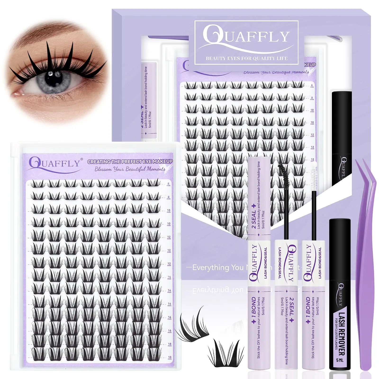 Natural Lash Extension Kit 112Pcs Cluster Lashes 8-18MM Eyelash Extensions with Eyelash Bond and Seal Eyelash Remover, Eyelash Tweezers for DIY Eyelash Extensions at Home, Eyelash Glue Tweezers, Eyelashes Extension Set