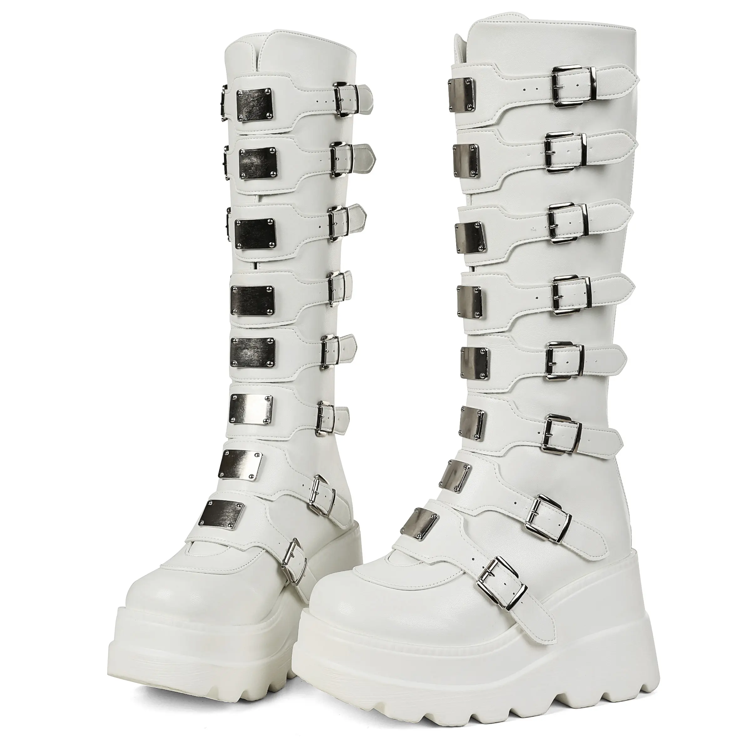 Womens Gothic Punk Platform Knee High Boots Multi Silver Buckle Straps Round Toe Thick Wedge Platform Sole Smooth Faux Leather Alternative Fashion Footwear Multiple Adjustable Buckles For Custom Fit Edgy Dark Aesthetic Great For Music Concerts