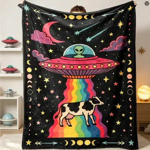 Viral Alien Cow Flannel Blanket Cozy Soft Warm Plush Throw Lightweight Personalized Blanket for Sofa Bed Travel Camping Bedroom Decor Adults Kids Unique Gift All Season Comfort