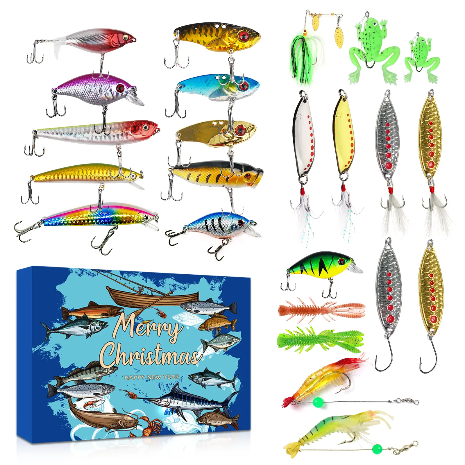 2026 Advent Calendar 24-Piece Fishing  Gift Set for Men – Christmas Gift for Men, Includes Spoons, Minnow, Popper & Crankbait for the Holidays