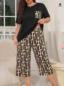 Women's Plus Size Knitted Pajama Set, Geometric Print Short Sleeve Top and Seven-Quarter Pants, Casual Loose Fit Sleepwear Pyjamas Loungewear Womenswear