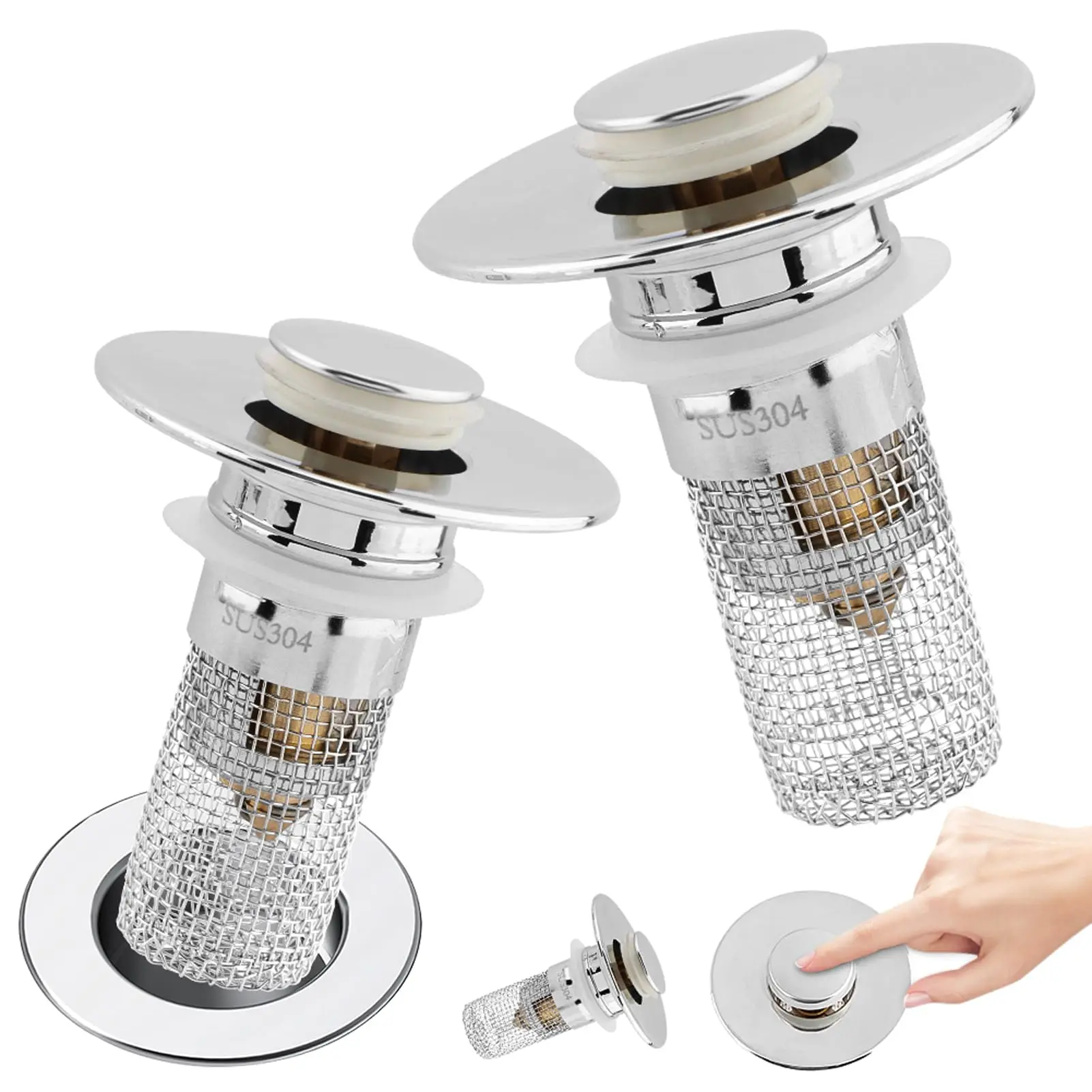 2PCS Durable Bathroom Sink Pop-Up Stopper Set - Brass Plug with Removable Stainless Steel Strainer Basket, Bath Drain Cover, Easy Installation, Anti-Odor, Easy Cleaning, Universal Fit for US Drains, Bathtub Accessories, Drain Strainer Bathtub Accessories