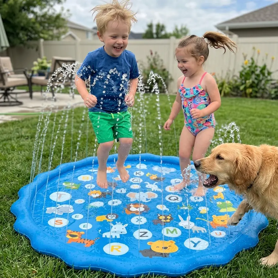 Inflatable Kids Splash Pad & Kiddie Pool (39in/66.9in Extra-Large), Durable PVC Cartoon Spray Mat with Colorful Alphabet-Animal Spray Toys, Educational Letter-Learning Kids Toys, Portable Summer Backyard-Lawn Fun for Ages 3-5,Back to School gifts