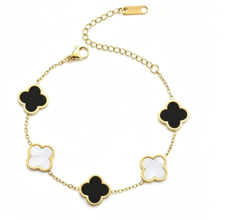 Women's Lucky Clover Artificial Gemstone Bracelet - Double-Sided Lapis Lazuli Black and White Style - Ideal Anniversary Gift for Best Friends