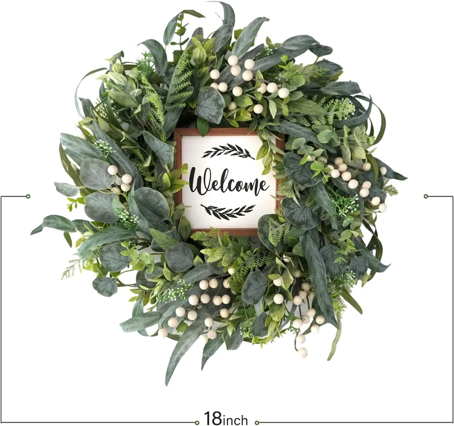 CIR OASES 20 In Art Deco Adjustable Silk Green Eucalyptus Wreath with White Berries, Welcome Sign & Box - All-Seasons Every Occasion Farmhouse Decoration for Front Door, Dorm Room, Kid Room Indoor-Outdoor Wall Hanging Hanging Ornaments Outdoor Decorations