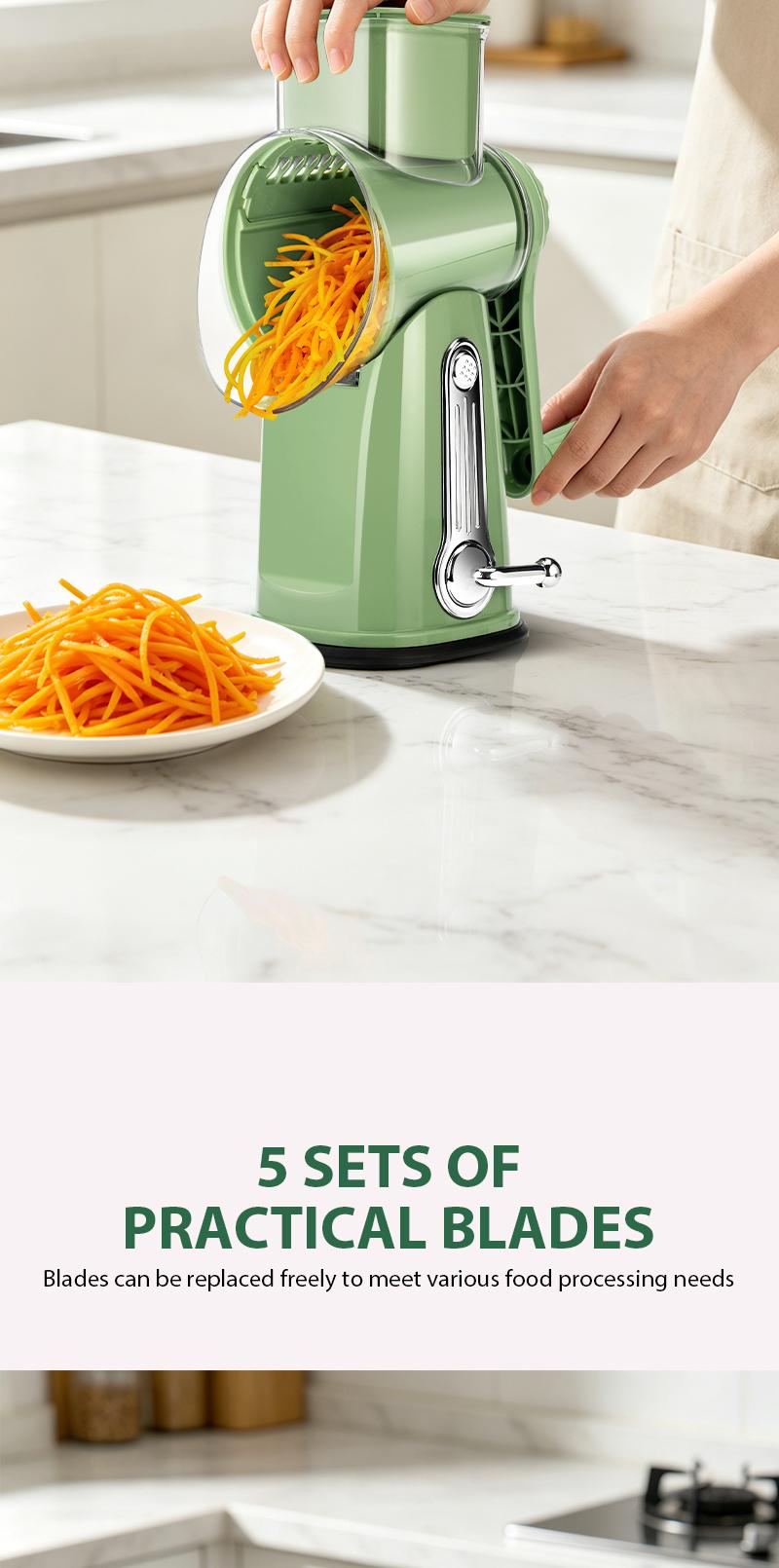 SUSTEAS Rotary Cheese Grater Hand Crank Food Chopper with Handle, 5 Well-Designed Blades, Strong Suction Cup Base, Blade Storage Box, Removable Parts for Simple Cleanup, No Power Home Cooking Tool for Wavy Cuts,sohochic