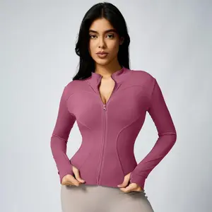 Women's Mock Neck Full-Zip Cropped Jacket - 4-Way Stretch & Sculpting for Yoga Gym - Breathable with Thumbholes women sport clothing gym gear solid sun protection