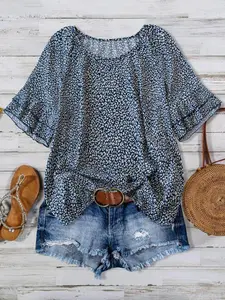 Plus Size Women's Leopard Print Boho Chic Floral Round Neck Ruffle Short Sleeve Loose Fit Casual Top Blouse Shirts, Comfortable and Stylish Summer Wear