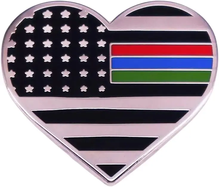 American Flag Police Fireman Military Heart Pin, Red Blue Green Patriotic Enamel Lapel Badge for Jackets, Backpacks & Hats, Proud Citizen Appreciation Pin