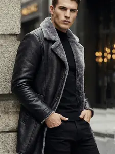 Men's Fashion Stand Collar Long Leather Jacket, Solid Color Fleece Lined Warm Coat, Stylish Winter Outerwear for Men