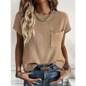 Womens Spring Short Sleeve Tops Spring Summer Casual Crew Neck Lightweight Sweater Vest Ribbed Knit Pullover