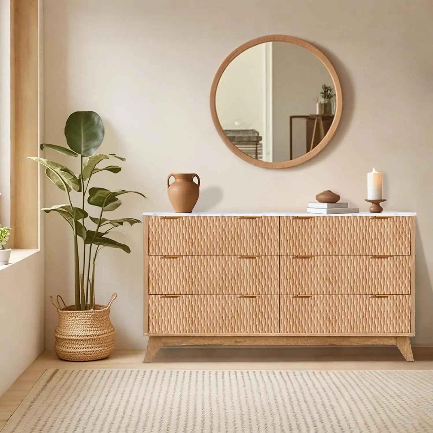 Brown Diamond-Fluted Drawer Dresser with Marble Top - 54in Wavy Textured Wood Dresser  6 Drawers Dresser for Bedroom  Modern Storage Organizer for Homeowners and Interior Designers-White