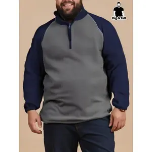 Men’s Plus Size Solid Half-Zip Henley Sweatshirt, Loose Casual Athletic-Leisure Style, Regular Fit, Long Sleeve, Half-Placket Pullover for Autumn and Winter, Everyday Wear