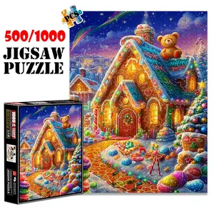 1pc 1000 piece adult puzzle 70x50cm Gingerbread House with Teddy Bear, Christmas Tree and Candies 500 pieces of paper jigsaw puzzle, suitable for adults and families, large-scale DIY puzzle interac