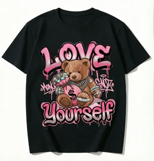 Women's 100% Cotton Short-Sleeve Crew Neck Graffiti Print Tee - Pink Gradient Drip, Love Yourself Text, Rich Teddy Bear, Icy Jewelry, Cash Money Bag, Urban Hip Hop Art, Self Love Gangsta Aesthetic, Comfortable Everyday Style, Unisex Summer Casual Outfit