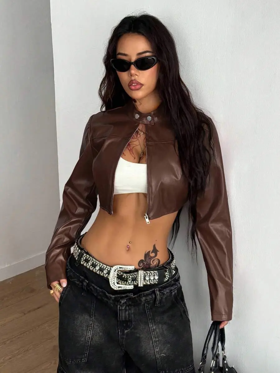 Women's Winter Streetwear Rave Hippie Athleisure Y2K Basic Leather Comfortable Zip Up Burgundy Slim Fit Brown Crop Long Sleeve Jacket
