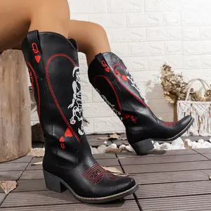 Women's Western Style High Boots with Poker Card Embroidery Faux Leather Chunky Heel Side Zipper Over-the-Knee Design for Daily Casual Wear