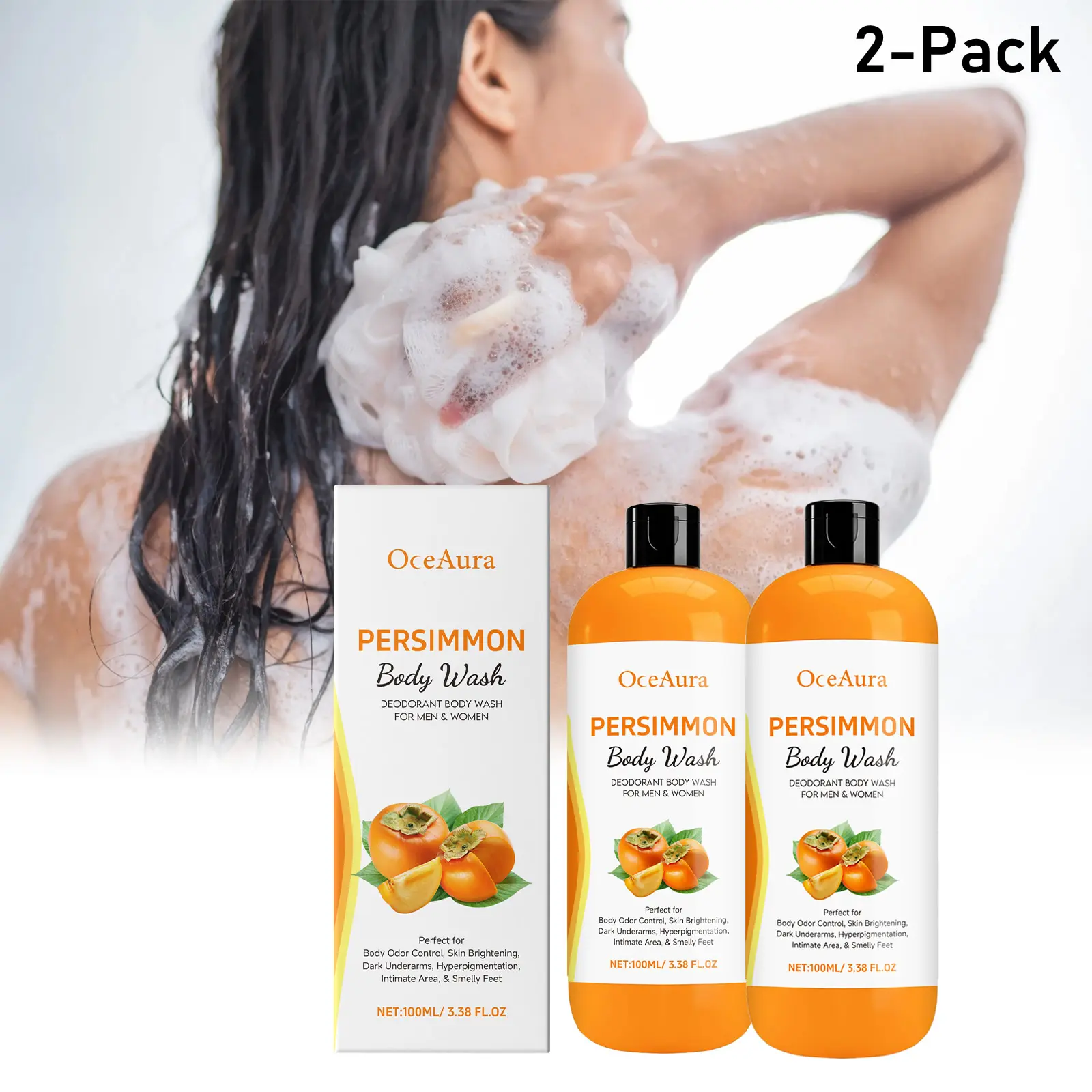 2-Pack Persimmon Body Wash for Body Odor Control – Purifying Deodorizing Soap for Eliminating Odor – Underarms, Intimate Inner Thigh, Bikini Area, Smelly Feet – Natural Deodorant Soap, Kids Safe