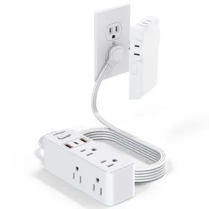 Surge Protector Power Strip 5FT Flat Cord with Outlet Cover, 6 Outlets, 3 USB, Hidden Wall Mount Extender for Tight Spaces, White Home Office Dorm Kitchen