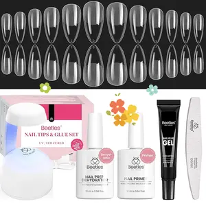 Beetles Gel Nail Kit with Nail Dehydrator and Primer, 576Pcs Half Matte Etch-X Gel Nail Tips Solid Nail Glue Mini Nail Lamp Acrylic Nail Tips Easy DIY Nail Extension Set Gift for Women