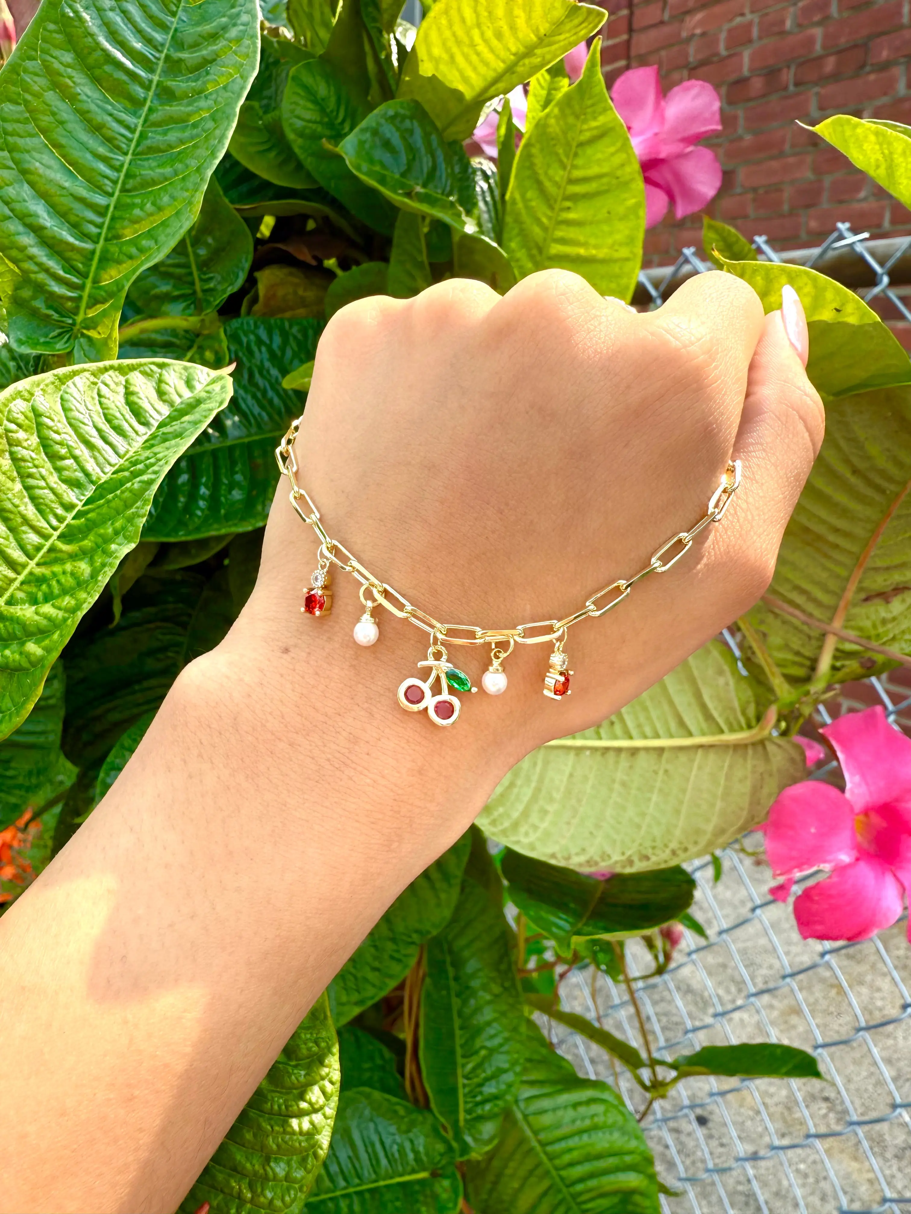 14k GP Cherry Charm Paper Clip Bracelet