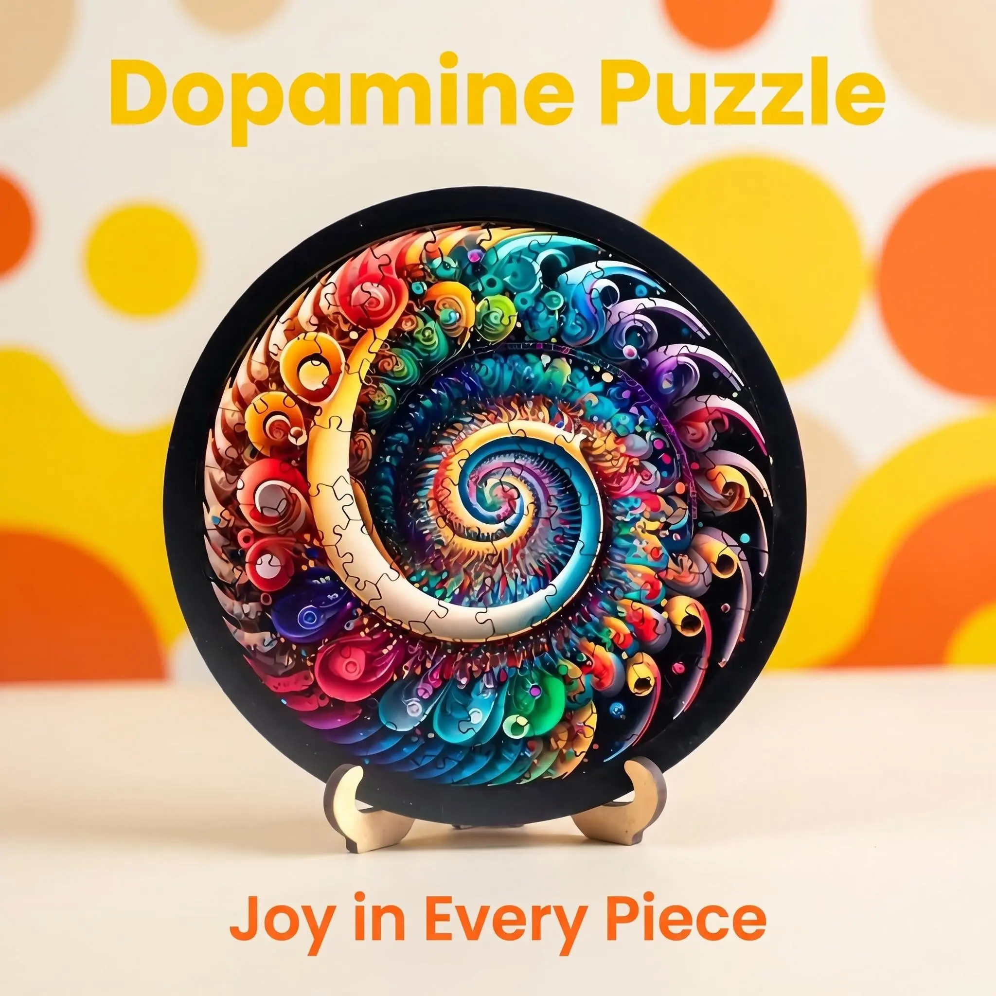 Round Dopamine Spiral Wooden Jigsaw Puzzle with Display Stand, Palm Size Colorful Unique Shaped Wood Puzzle for Adults, Premium Thick Tight Fit Interlocking Pieces, Stress Relief Artistic Desk Home Decor, Creative Birthday Holiday Gift for Puzzle Lovers