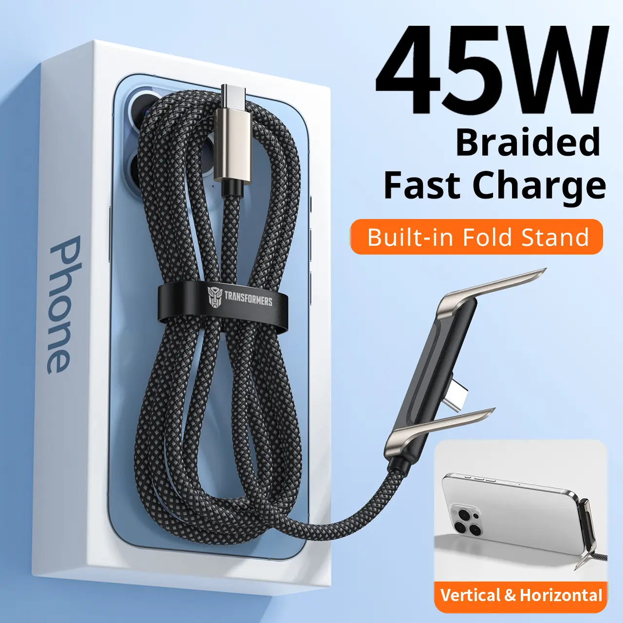 6.6 ft phone stand charging cable, 45W ultra-fast charging data cable, portable charger for iPhone 15–17 phones, Samsung, iPhone charger, Huawei, tablets, supports Type‑C, suitable for gaming, office, car travel, and travel; phone stand, convenient desig