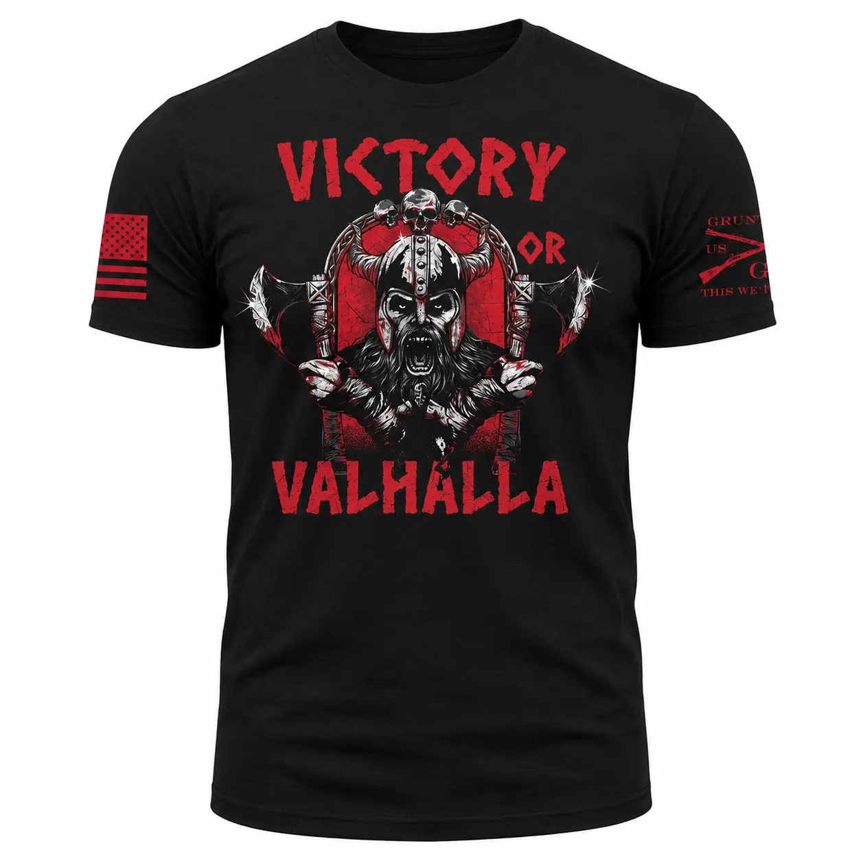 Victory or Valhalla Viking T-Shirt, Grunt Style Warrior Graphic Tee, Black Red Norse Axe Skull Design Shirt for Veterans, Gym Wear & Patriotic Streetwear | Menswear & Underwear - Men's Tops - T-shirts - Men's Short-sleeve T-shirts