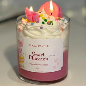 Sweet Macaron Candle – Dessert-Inspired Soy Candle | Handmade Gift for Her | Vanilla & Strawberry Scented | Whipped Topping | Aesthetic Room Decor | Vegan Candle | Birthday Gift Idea | Sugar Candle |  | Foodie Gift Cream