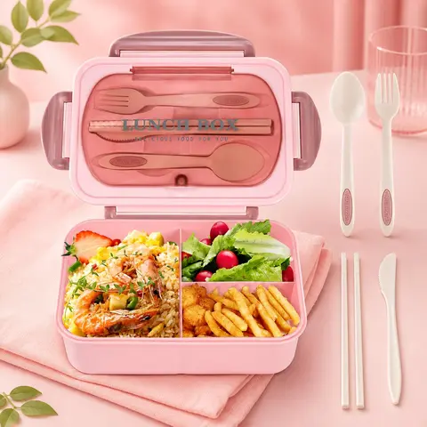 MIUVA BPA-Free Plastic 3-Grid Bento Lunch Box (1220ml) with Tableware Set (Spoon,Fork,Knife,Chopsticks) - Compact, Microwave-Safe, Leak-Proof, Portable Reusable, Lid-Included Divided Food Storage, Food Prep, Healthy Eating Container for Adults Kitchenware