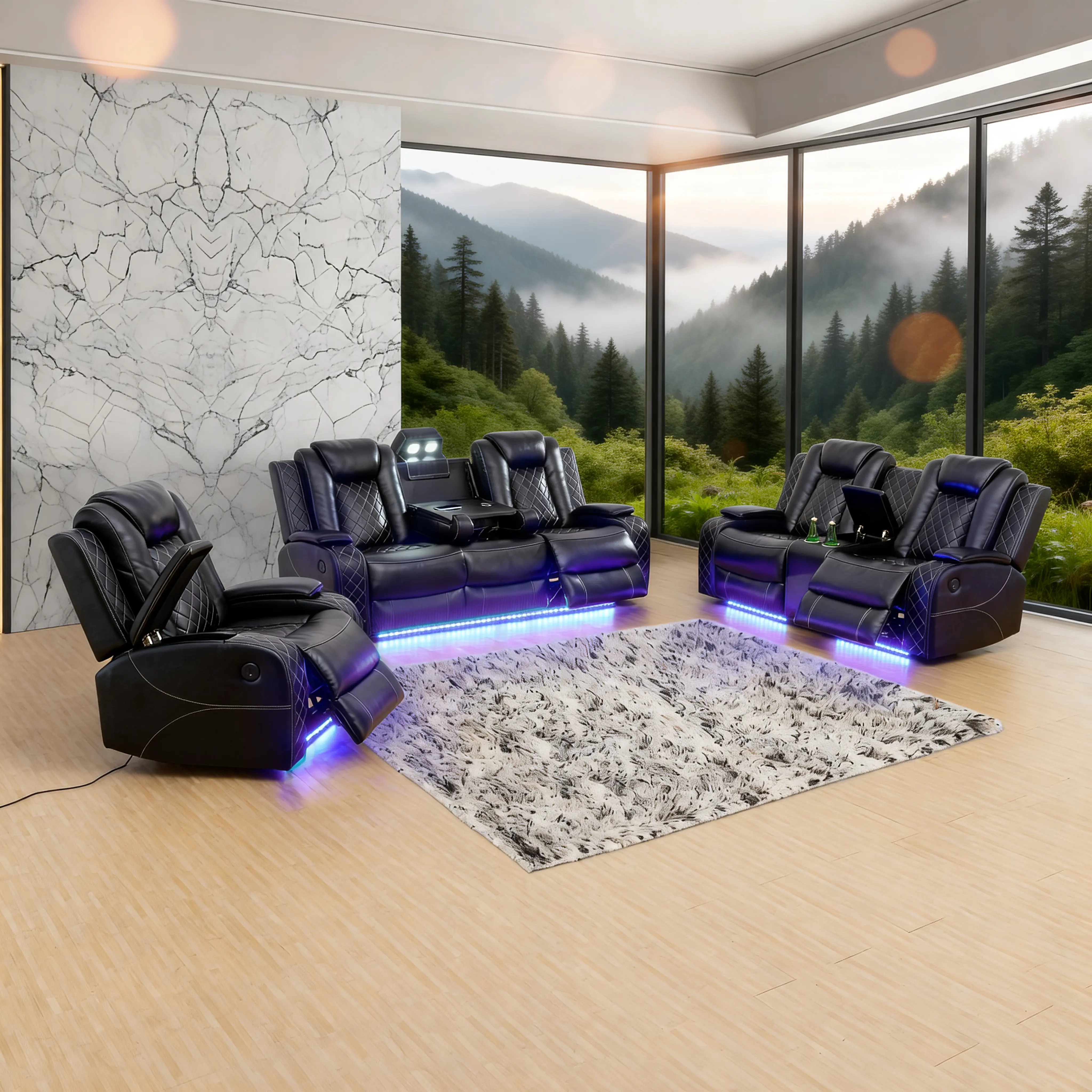 Black Leather Adjustable Reclining Sofa Set - Summervibes Minimal Chic Clean Aesthetic Comfy Couch, LED Breathing Headrest, Hidden Charger Port, Reading Chair for Living Room House Decoration