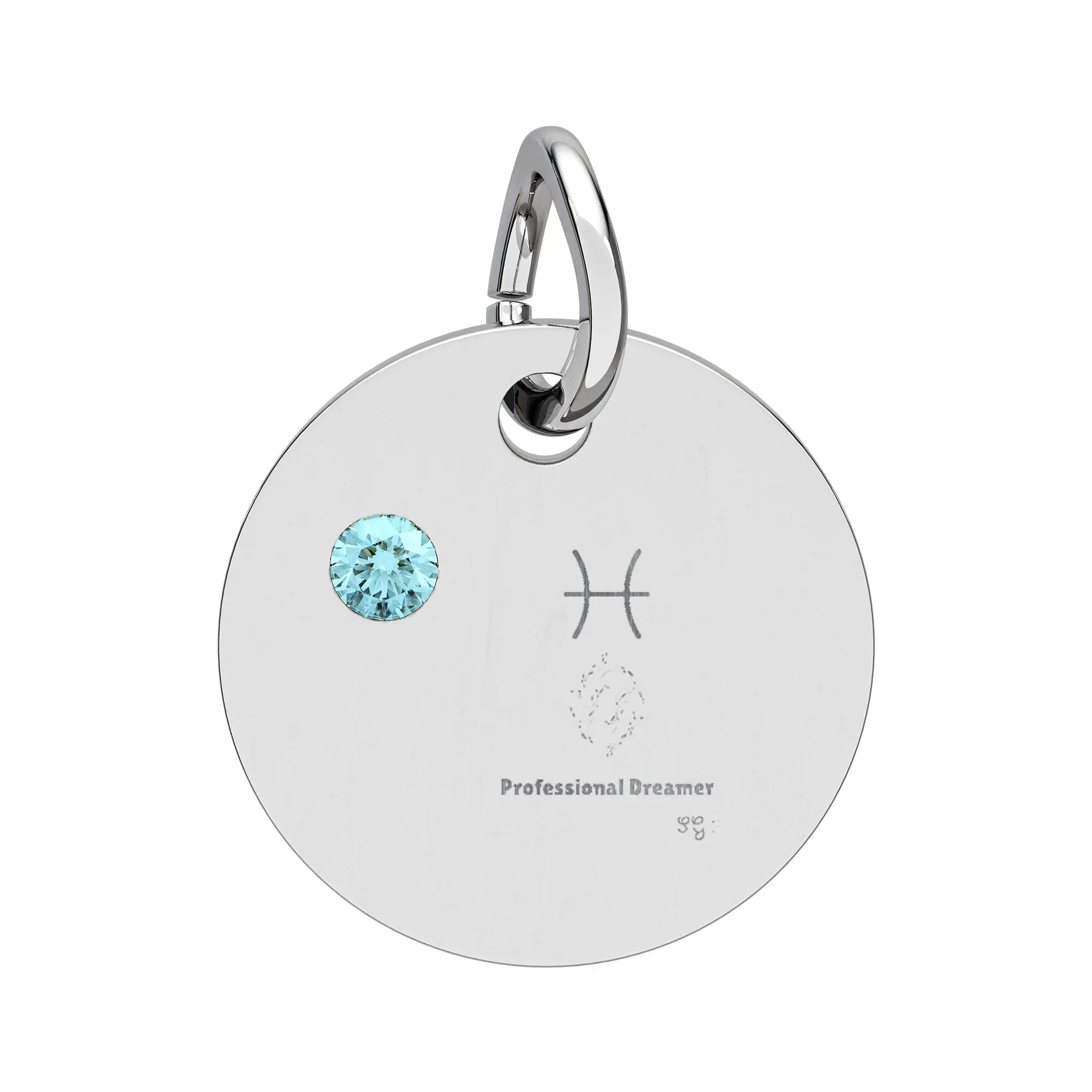 Pisces Aquamarine Birthstone Circle Charm, Engraved Zodiac Disc | Personalized Pendant