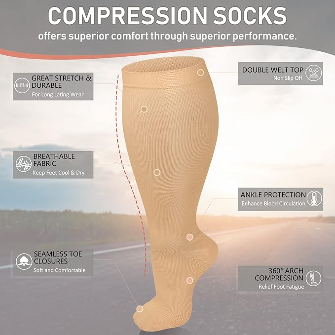STANDWAY 4 Pairs Compression Socks for Men & Women, Wide Calf and Below-the-Knee Design, Promotes Circulation - Ideal for Running and All Sports.