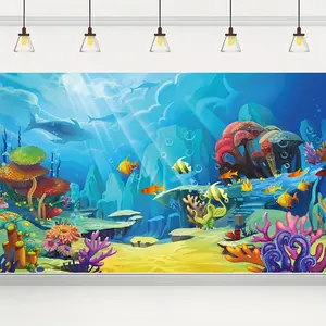 1pc 2D Flat Under The Sea Backdrop, Ocean Little Mermaid, Polyester, Multipurpose, Non-Electric, with Shower, Birthday, and Seasonal Decorations for Room, Garden, Spring, Summer, Fall, Winter Banners White