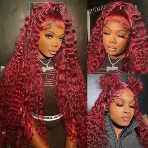 Zlzlblbl 13x6 99J Burgundy Water Wave Lace Front Wigs Human Hair Pre Plucked 200% Density