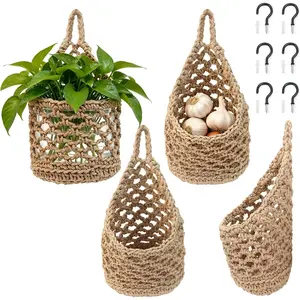 4-Pack 5-Inch Macrame Wall Plant Hangers, Natural Cotton Hanging Planter Baskets for Indoor Plants, Boho-Style Woven Plant Baskets for Walls, Small Hanging Pots for Succulents and Kitchen Storage