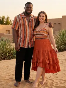 Bohemian Couple Matching Outfits Vintage Zig Zag Ethnic Geometric Print Layered Ruffle Dress and Hawaiian Shirt Set