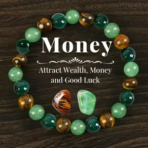 GEMRICH Prosperity bracelet featuring green beryl, green quartz, and tiger’s eye—a lucky bracelet that attracts wealth, abundance, and prosperity; blue friendship beaded jewelry protective bracelet, encouragement gift, color block beaded bracelet