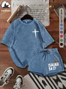 Religious scripture summer women's suit with cross pattern print, comfortable cotton vintage Y2k clothing women's clothing suitable for outdoor leisure, punk style round neck washed cotton T-shirt shorts two-piece set, women's clothing