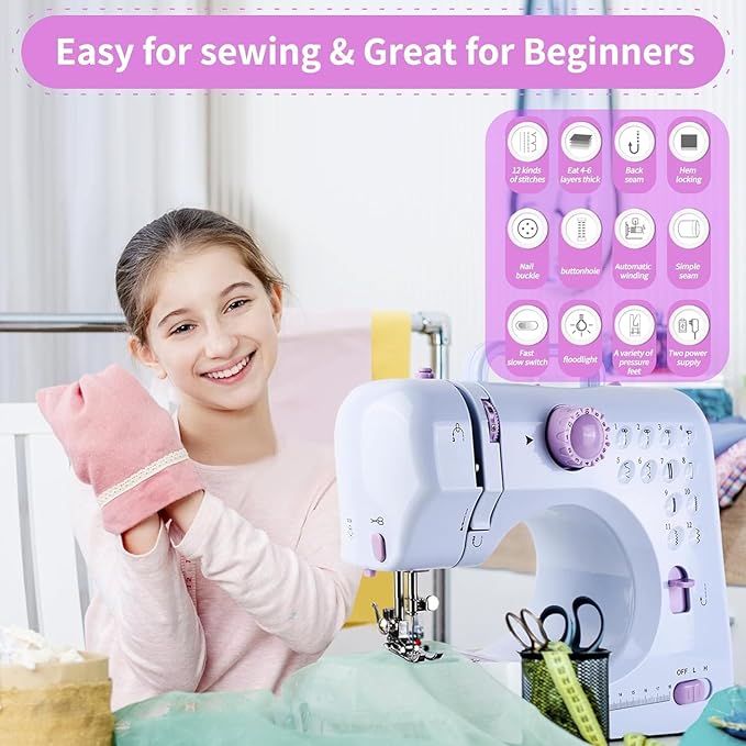 Mini Sewing Machine, Portable Electric Sewing Machine for Beginners with 12 Built-In Stitches, Dual Speed & Lightweight for Crafting Mending, Work Light, Quick Repair on Fabrics, Household Use