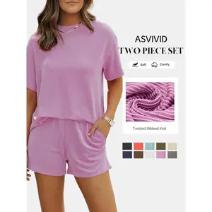 Women's Solid Textured Pocket Shorts Set, Casual Short Sleeve T-shirt & Elastic Waist Shorts, Women's 2 Piece Sets, Ladies Summer Clothes for Daily Wear