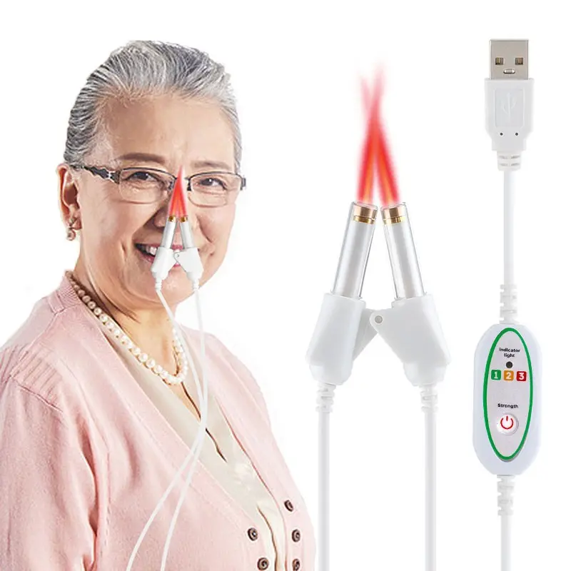 Rhinitis Sinusitis 650nm Double Nasal Cavity Red Light Therapy Machine Nose Instrument for Nasal Congestion Nasal Decongestant Dizziness Hypertension Nasal Irradiation Physiotherapy Nose Care USB Interface