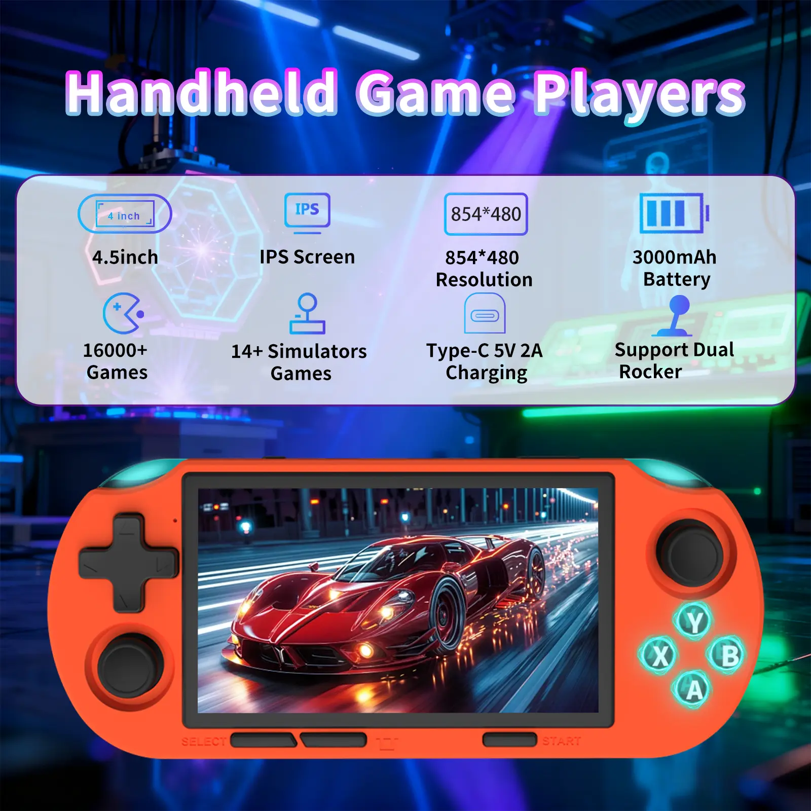 YLW ANS16 Handheld Retro Gaming Console, 4.5-inch lPS Screen Gaming Console, Wireless Mini Portable Gaming Console, Built-in 64GB Memory Card, Gift Gaming Console, Gaming Peripherals with 16,000+ Games and 14+ Emulators, Multiple RGB Color Light Modes sum